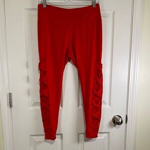 Betsey Johnson Activewear Red Leggings with Criss Cross Mesh Cutouts Large